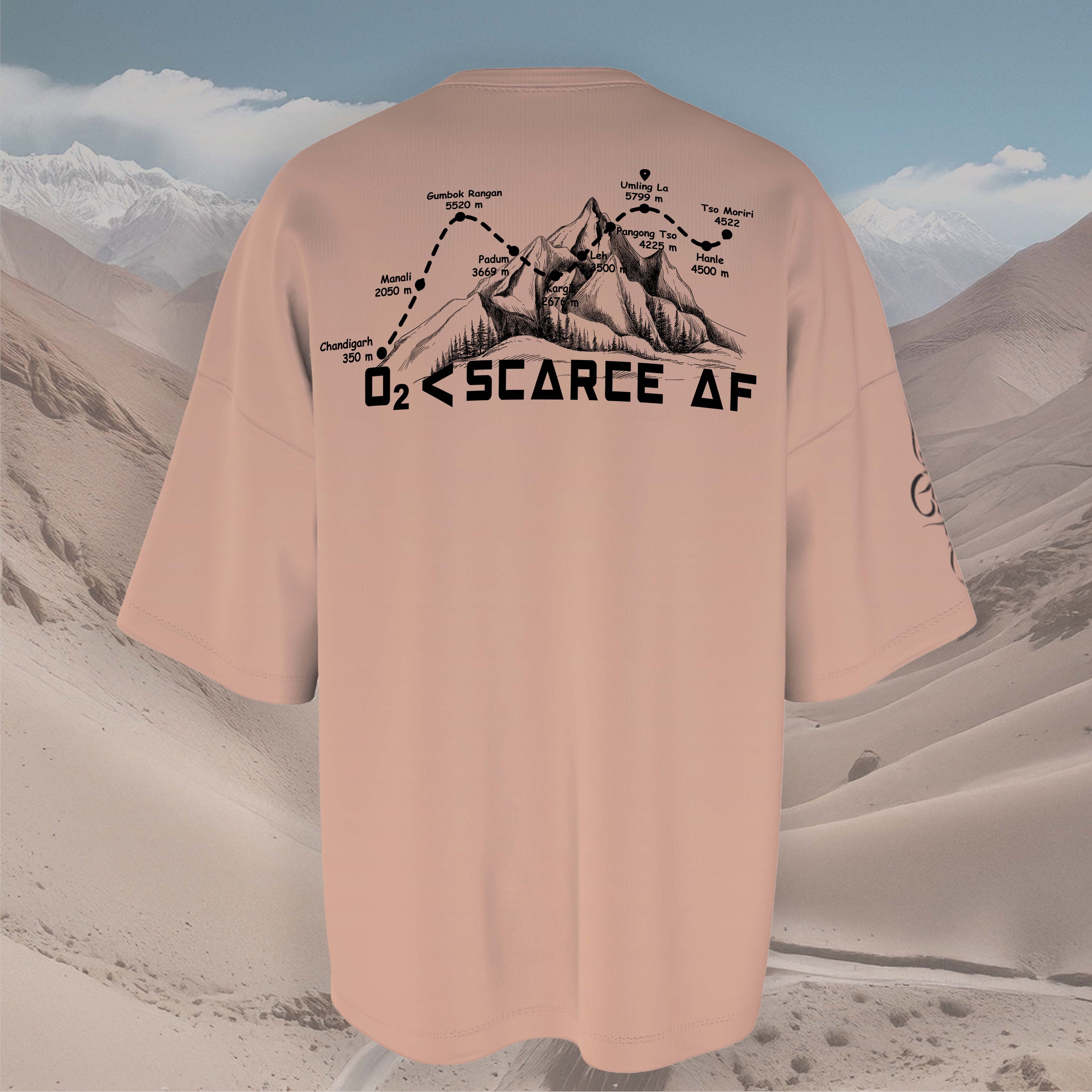 Umling La Beige oversized t-shirt with mountain graphic and map design text against a dessert background