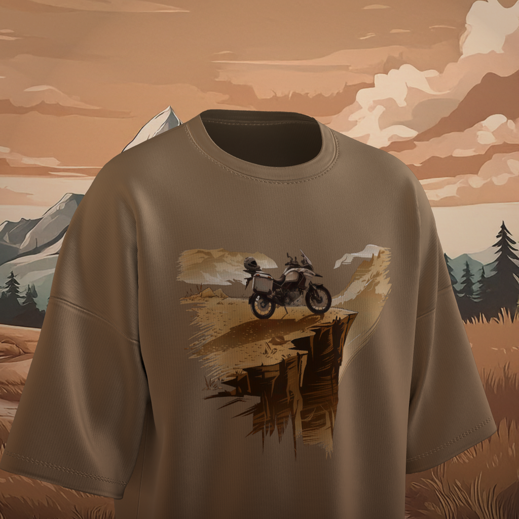 Beige Oversized T-shirt with a motorcycle graphic on a scenic mountain background