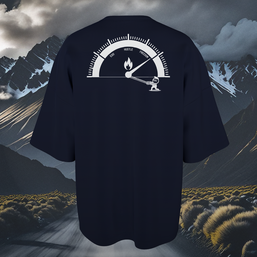 Navy Blue Oversized t-shirt with a white graphic design on a mountainous landscape background
