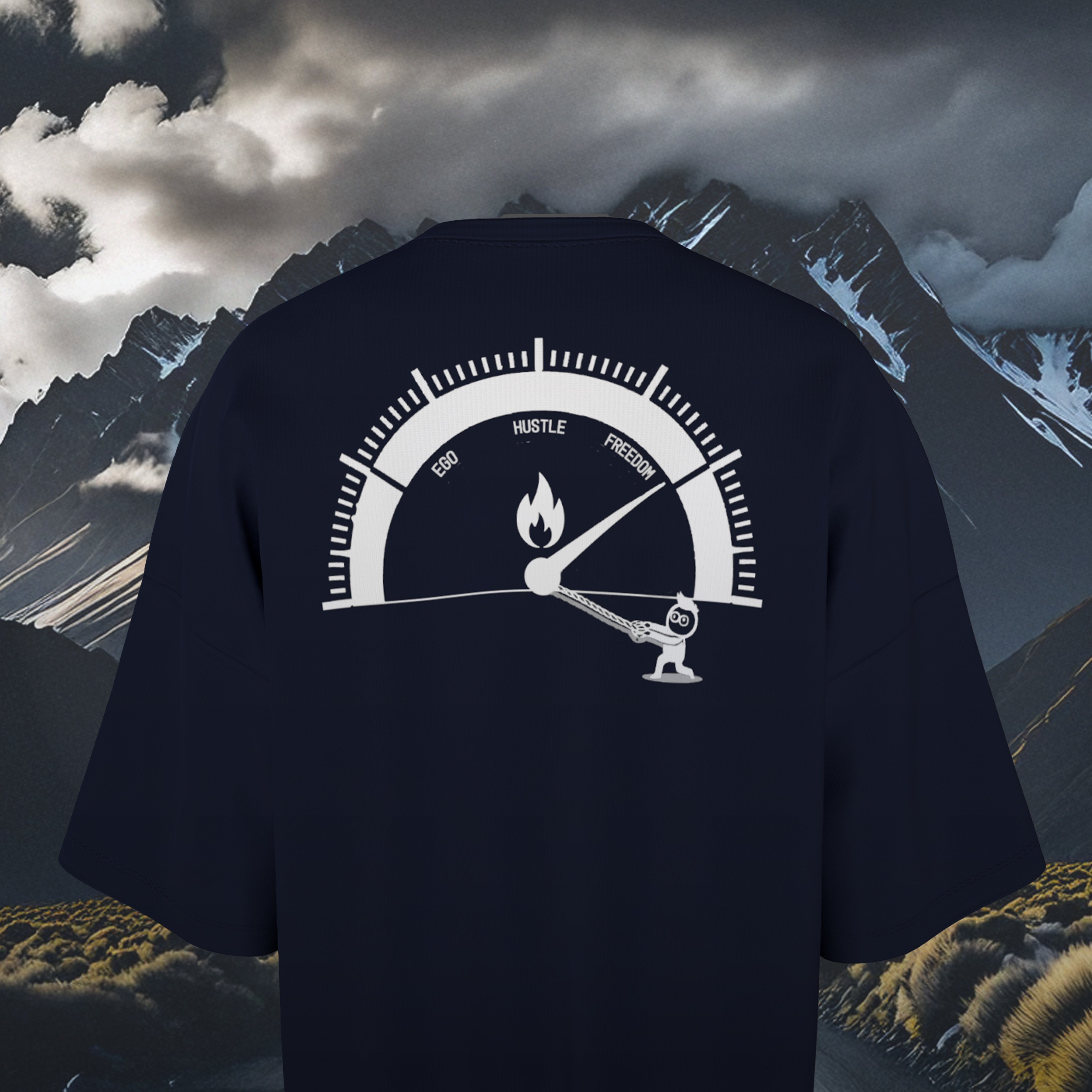 Navy Blue oversized t-shirt with a white graphic design against a mountainous landscape